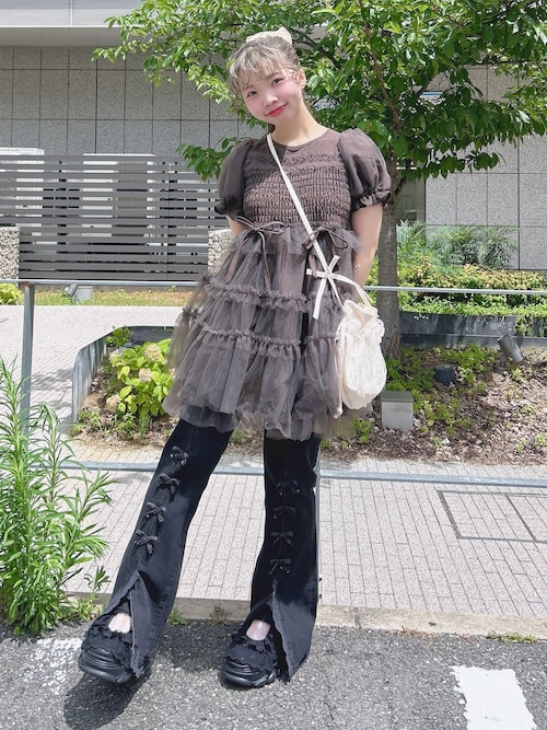 チュールパフスリーブミニワンピース