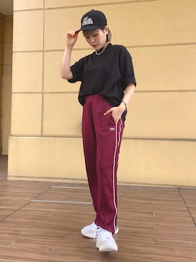 「LACOSTE（ラコステ）のLACOSTE / 5分袖 モックネック サマーニット Tシャツ（Tシャツ/カットソー、ブラック系）」を使った、zaitsuさん（レディース・157cm）の夏コーディネート