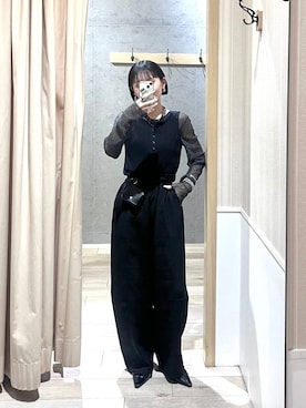 「LEPSIM（レプシィム）の《リネンライクドライシリーズ》切り替えパンツ　638925（その他パンツ、ブラック系）」を使った、ちーさんさん（レディース・154cm）の春コーディネート