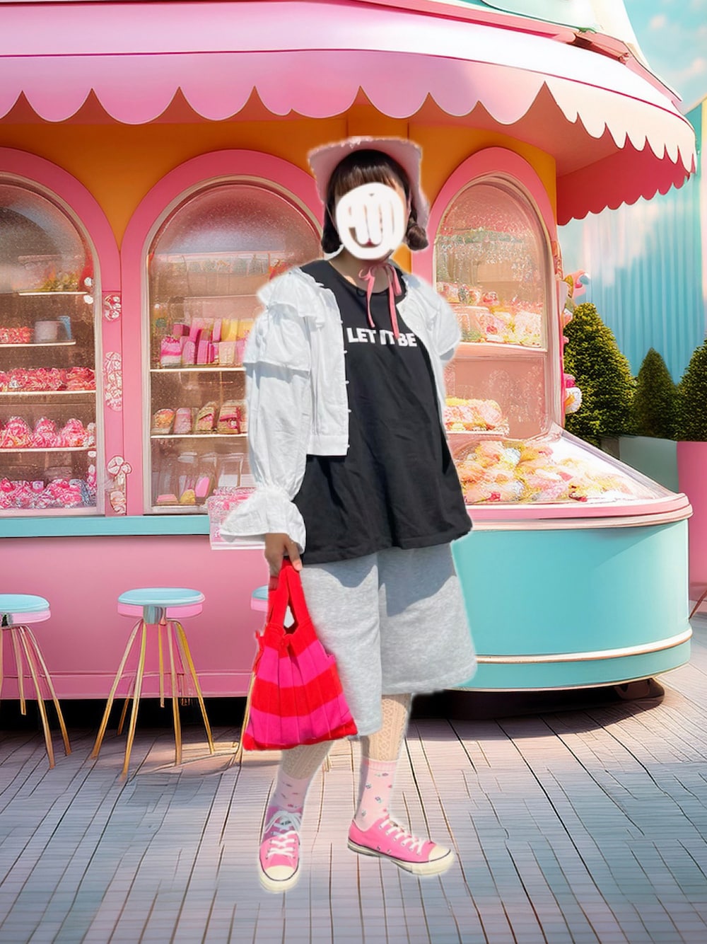 ブラック系のTシャツ/カットソー、ピンク系のスニーカー、ホワイト系のシャツ/ブラウスを着用したレディースの夏コーディネートの1枚目の写真