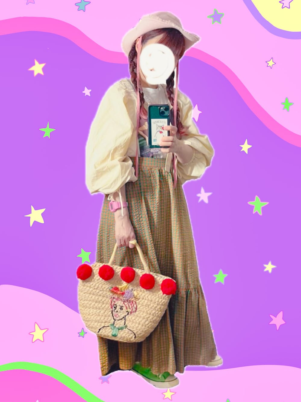 イエロー系のカーディガン/ボレロ、ベージュ系のかごバッグ、グリーン系のスニーカーを着用したレディースの春コーディネートの1枚目の写真