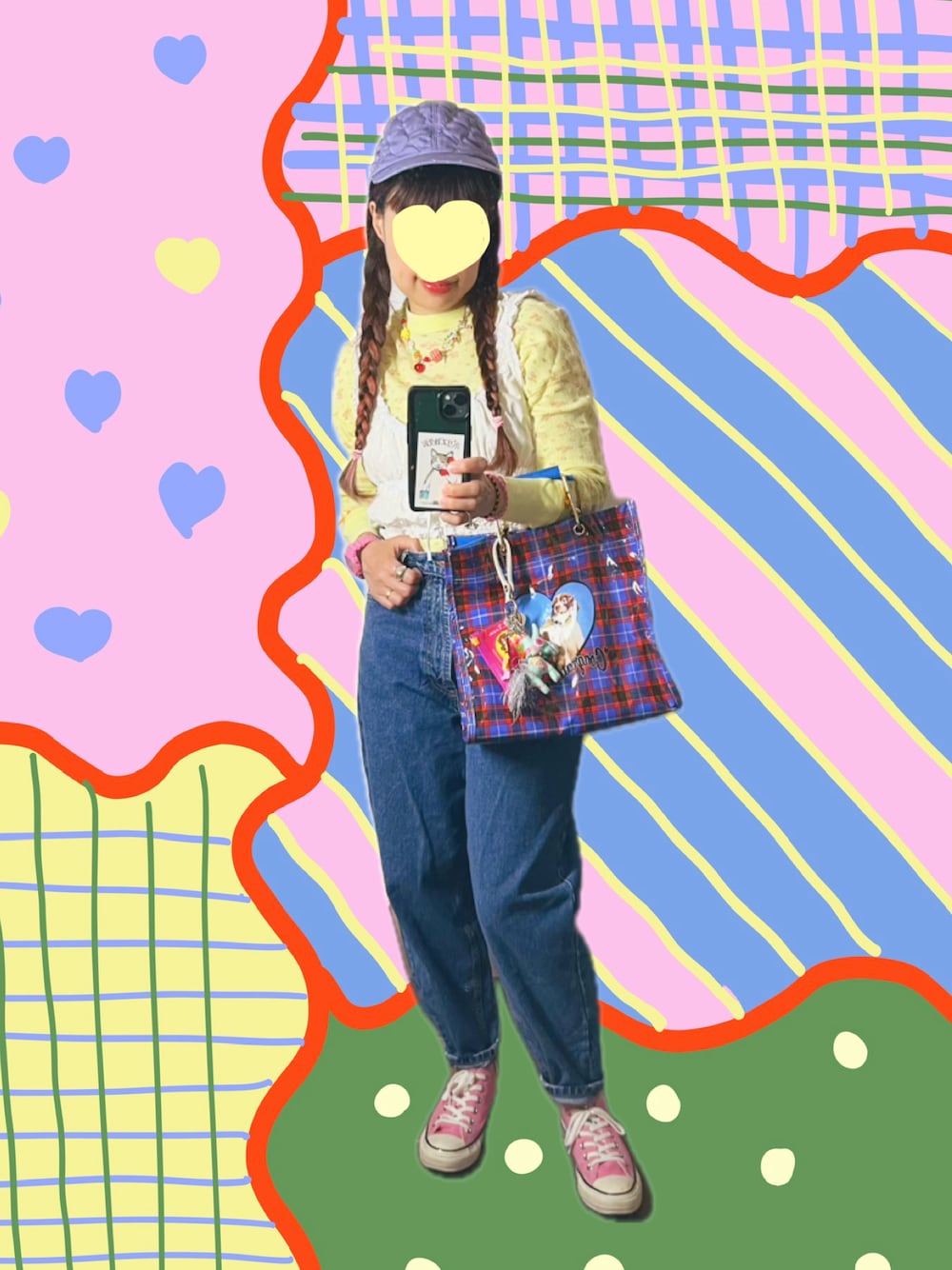 イエロー系のTシャツ/カットソー、ブルー系のハンドバッグ、ピンク系のスニーカーを着用したレディースの秋コーディネートの1枚目の写真