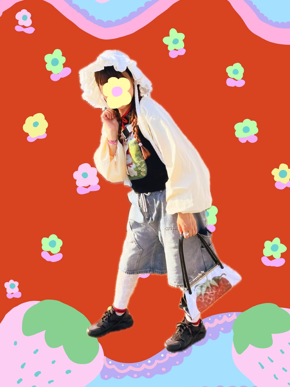 ブルー系のデニムパンツ、ブラック系のハンドバッグ、ブラック系のTシャツ/カットソーを着用したレディースの夏コーディネートの1枚目の写真