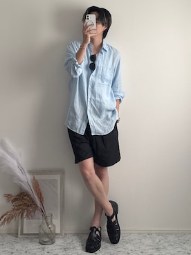「glabella（グラベラ）のスクエアトゥ ヒールアップ グルカサンダル（サンダル、ブラック系）」を使った、YUHEIさん（メンズ・178cm）の夏コーディネート