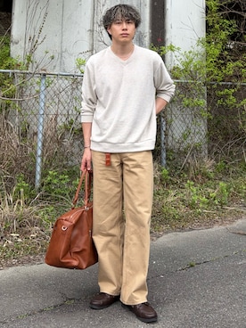 「８(eight)（エイト）のデカ ボストンバッグ 2WAY PUレザー（ボストンバッグ、イエロー系）」を使った、YUHEIさん（メンズ・178cm）の春コーディネート