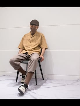 「GU（ジーユー）のアイテム（シャツ/ブラウス、ブラウン系）」を使った、Nano✨さん（メンズ）の冬コーディネート