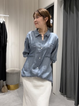 「DouDou（ドゥドゥ）の袖リブシアーデニムシャツ（シャツ/ブラウス）」を使った、Hinako Satoさん（レディース・159cm）の夏コーディネート