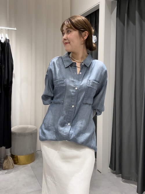 DOUDOU 袖吏部シアーデニムシャツ　サックスブルー DouDou ブラウス シャツ 袖リブシアーデニムシャツ レディース