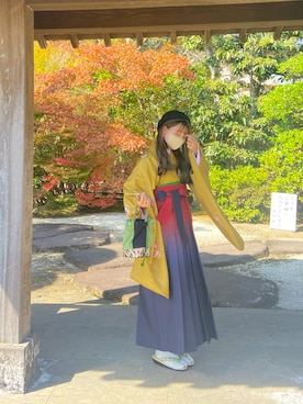 「アイテム（水着/着物・浴衣、イエロー系）」を使った、にょんさん（レディース・152cm）の秋コーディネート