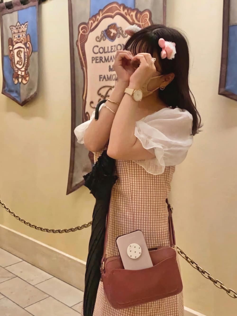 「nice claup、shein、ディズニーコーデ、ピンクコーデ、低身長コーデ、休日コーデ」｜「one after another NICE CLAUPの袖ドットシフォンテレコプルオーバー（Tシャツ/カットソー、ホワイト系）」を使った、miyu Ӧさん（レディース・148cm）の夏コーディネートの1枚目の写真