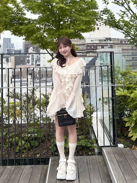 「SNIDEL（スナイデル）のシフォンフリルミニコンビワンピース（ワンピース、ホワイト系）」を使った、miyu Ӧさん（レディース・149cm）の春コーディネート