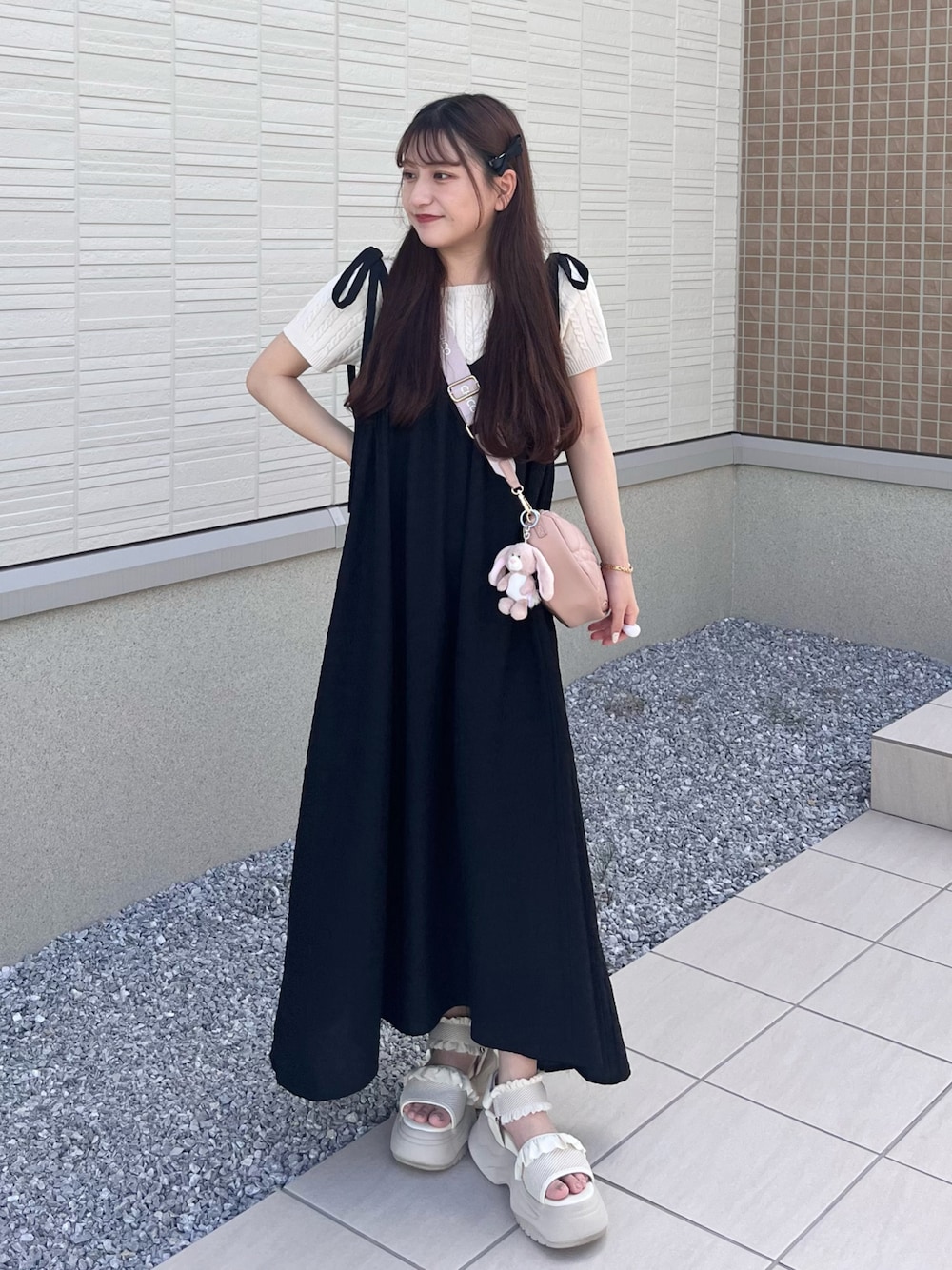 リネンキャミワンピース　ハンドメイド　肩リボン リネンキャミワンピースハンドメイド肩リボン