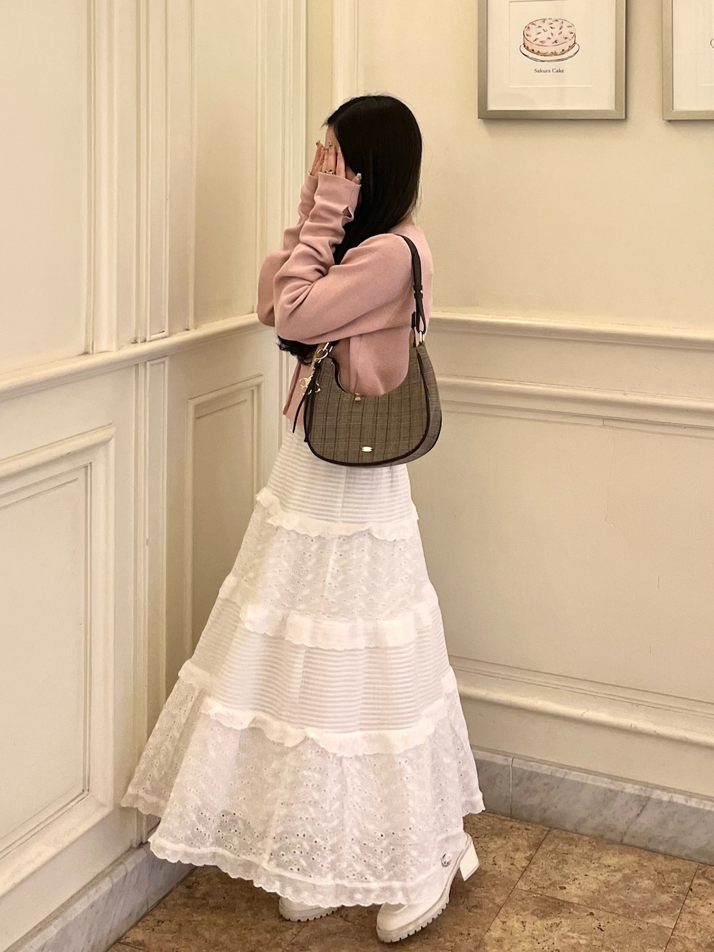 「春夏コーデ、休日スタイル、お出かけコーデ、初夏コーデ、低身長女子、今日のコーデ、大人ガーリー、ガーリーコーデ、フェミニン、低身長コーデ、春服、シンプルコーデ、ピンク、春カラー、ロングスカート」｜「sheinのアイテム（スカート、ホワイト系）」を使った、miyu Ӧさん（レディース・148cm）の春コーディネートの1枚目の写真