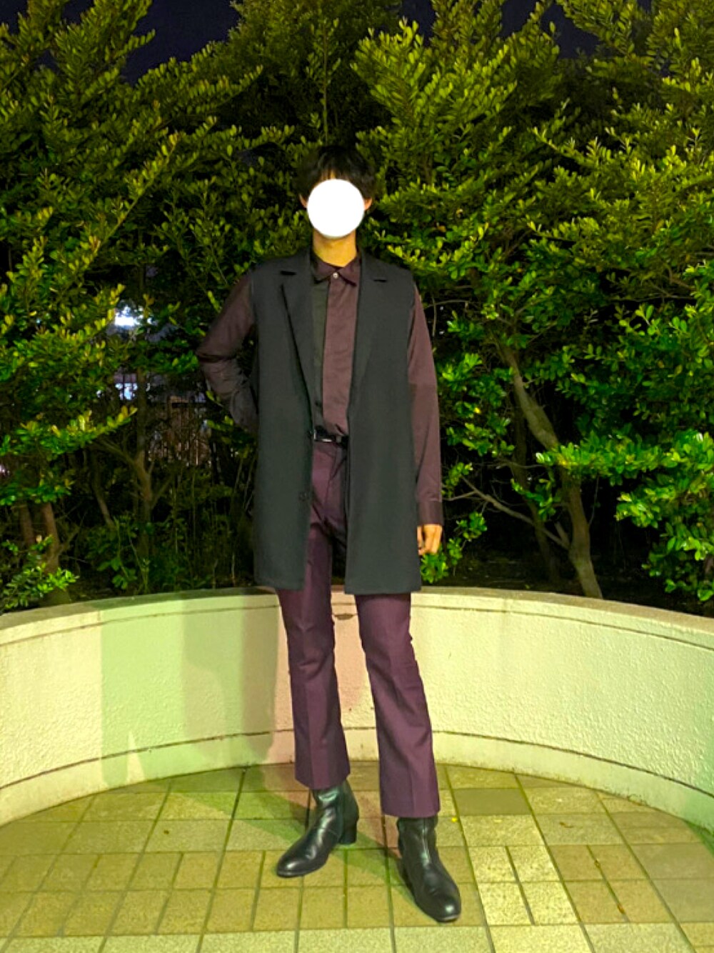 「革靴、フレアパンツ、ツートーン、HARE、HAREコーデ、NO ID.、モード」｜「NO ID.のms4726-ダブルプラケットロングＳＨ シャツ（シャツ/ブラウス、パープル系）」を使った、haretoさん（メンズ・171cm）の春コーディネートの1枚目の写真