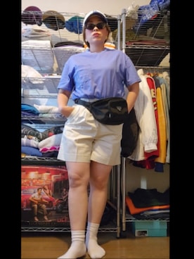 「tostalgic  clothingのアイテム（Tシャツ/カットソー、パープル系）」を使った、miki80sさん（レディース・155cm）の夏コーディネート