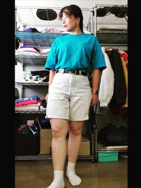 「LOS ANGELES APPAREL（ロサンゼルスアパレル）のアイテム（Tシャツ/カットソー、ブルー系）」を使った、miki80sさん（レディース・155cm）の夏コーディネート