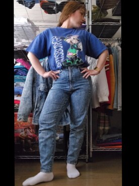 「古着のアイテム（デニムパンツ、ブルー系）」を使った、miki80sさん（レディース・155cm）の春コーディネート