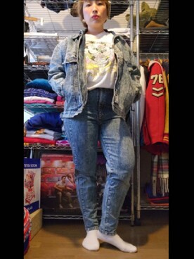 「古着のアイテム（デニムパンツ、ブルー系）」を使った、miki80sさん（レディース・155cm）の春コーディネート