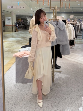 「one after another NICE CLAUP（ワンアフターアナザーナイスクラップ）の肩リボンニットセットワンピース（ワンピース、ピンク系）」を使った、Ｓａｙａさん（レディース・152cm）の冬コーディネート