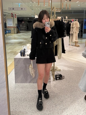 「one after another NICE CLAUP（ワンアフターアナザーナイスクラップ）の【セットアップ可能】フェイクファーフード付きツイードジャケット（ジャケット/アウター、ブラック系）」を使った、Ｓａｙａさん（レディース・152cm）の冬コーディネート