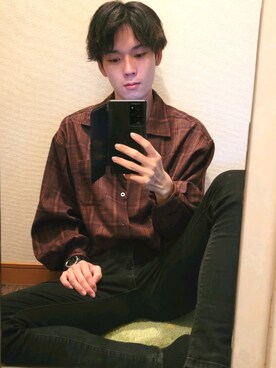 「ADRER（アドラー）の【ADRER】ドルマンスリーブオープンカラーシャツ（シャツ/ブラウス、ブラウン系）」を使った、たけたけ相互フォローさん（メンズ・174cm）の秋コーディネート