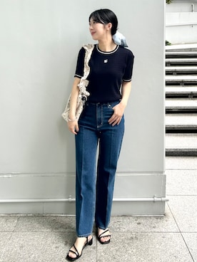 「index（インデックス）のフレアデニムパンツ【洗濯機OK】（デニムパンツ、ブルー系）」を使った、rina9678さん（レディース・158cm）の春コーディネート