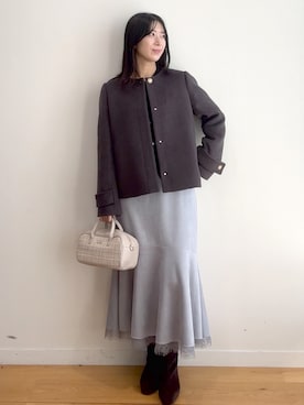 「index（インデックス）のカシミヤ混ノーカラーショートコート（ノーカラーコート、ブラウン系）」を使った、rina9678さん（レディース・158cm）の秋コーディネート