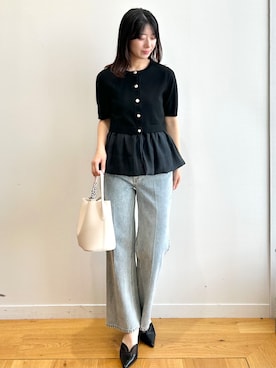 「index（インデックス）のフレアデニムパンツ【洗濯機OK】（デニムパンツ、ブルー系）」を使った、rina9678さん（レディース・158cm）の夏コーディネート