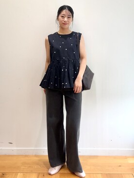 「OPAQUE.CLIP（オペークドットクリップ）のラメドット刺繍ペプラムブラウス【洗える】（シャツ/ブラウス、ブルー系）」を使った、rina9678さん（レディース・158cm）の夏コーディネート