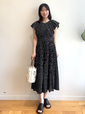 「index（インデックス）のハートドットバルーンスリーブワンピース【洗濯機OK／イージーアイロン】（ワンピース、ブラック系）」を使った、rina9678さん（レディース・158cm）の春コーディネート