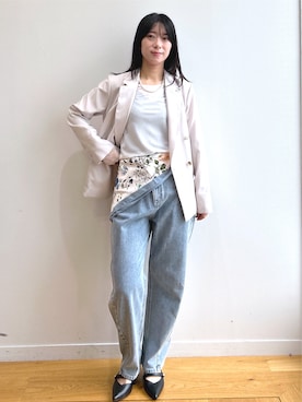 「index（インデックス）の袖レースシアートップス【洗濯機OK】（Tシャツ/カットソー、ホワイト系）」を使った、rina9678さん（レディース・158cm）の夏コーディネート