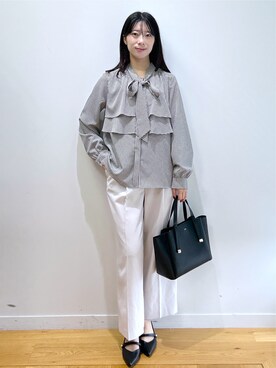 「index（インデックス）の【高通気／遮熱】風が通るワイドパンツ《洗濯機OK／UVケア／防シワ》（その他パンツ、ベージュ系）」を使った、rina9678さん（レディース・158cm）の秋コーディネート