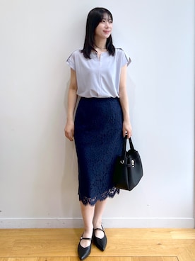 「index（インデックス）の【接触冷感】ひんやりキーネックフレンチトップス《洗濯機OK》（Tシャツ/カットソー、ブルー系）」を使った、rina9678さん（レディース・158cm）の夏コーディネート