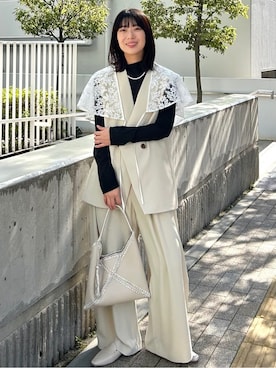 「OPAQUE.CLIP（オペークドットクリップ）のシアーハイネックトップス【洗濯機OK】（Tシャツ/カットソー、ブラック系）」を使った、rina9678さん（レディース・158cm）の春コーディネート