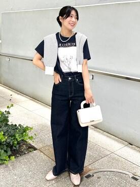 「index（インデックス）の【遮熱／UVケア】外気の熱を感じにくい！クルーネックカーディガン《洗濯機OK／抗ピリング／6col》（カーディガン/ボレロ、ホワイト系）」を使った、rina9678さん（レディース・158cm）の夏コーディネート