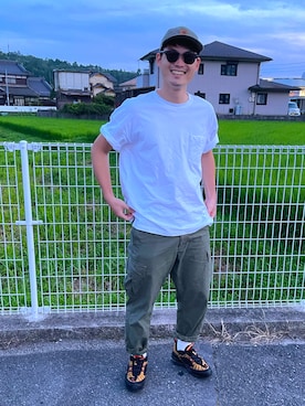 「Carhartt（カーハート）のCARHARTT Odessa CAP（キャップ、グリーン系）」を使った、hhhyyytttさん（メンズ・175cm）の夏コーディネート