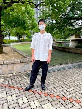 「LACOSTE（ラコステ）の＜LACOSTE（ラコステ）＞ UASP ﾎﾟﾛ S/SL†（ポロシャツ、ホワイト系）」を使った、hhhyyytttさん（メンズ・175cm）の夏コーディネート