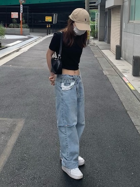 「ショート丈トップス」｜「アイテム（帽子）」を使った、ZAKKUさん（レディース・155cm）の夏コーディネート