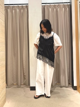 「URBAN RESEARCH（アーバンリサーチ）のレースアシメキャミソール（キャミソール、ブラック系）」を使った、TANAKAさん（レディース・156cm）の夏コーディネート