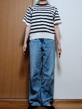 「しまむら（シマムラ）のボーダー柄サマーニット（トップス、ブラウン系）」を使った、Keroさん（レディース・157cm）の夏コーディネート
