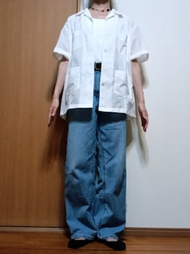 「GU（ジーユー）のキューバシャツ（5分丈）（シャツ/ブラウス、ホワイト系）」を使った、Keroさん（レディース・157cm）の夏コーディネート