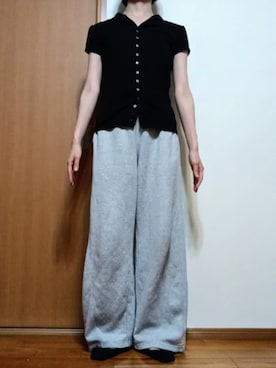 「SLY（スライ）のBUTTON LINE CAP S/L TOPS ボタンラインキャップスリーブトップス 夏服 秋服（Tシャツ/カットソー、ブラック系）」を使った、Keroさん（レディース・157cm）の夏コーディネート