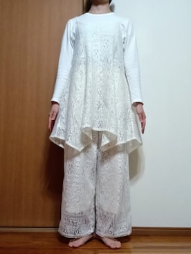 「しまむら（シマムラ）のレースチュニック（その他トップス、ホワイト系）」を使った、Keroさん（レディース・157cm）の春コーディネート
