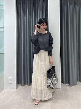 「DouDou（ドゥドゥ）のペーパーヤーンプルオーバー（ニット/セーター、グレー系）」を使った、doudouyuikaさん（レディース・157cm）の春コーディネート