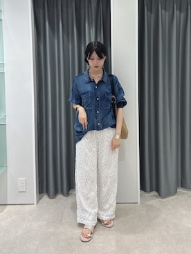 「DouDou（ドゥドゥ）の袖リブシアーデニムドロストシャツ（シャツ/ブラウス、ブルー系）」を使った、doudouyuikaさん（レディース・157cm）の春コーディネート