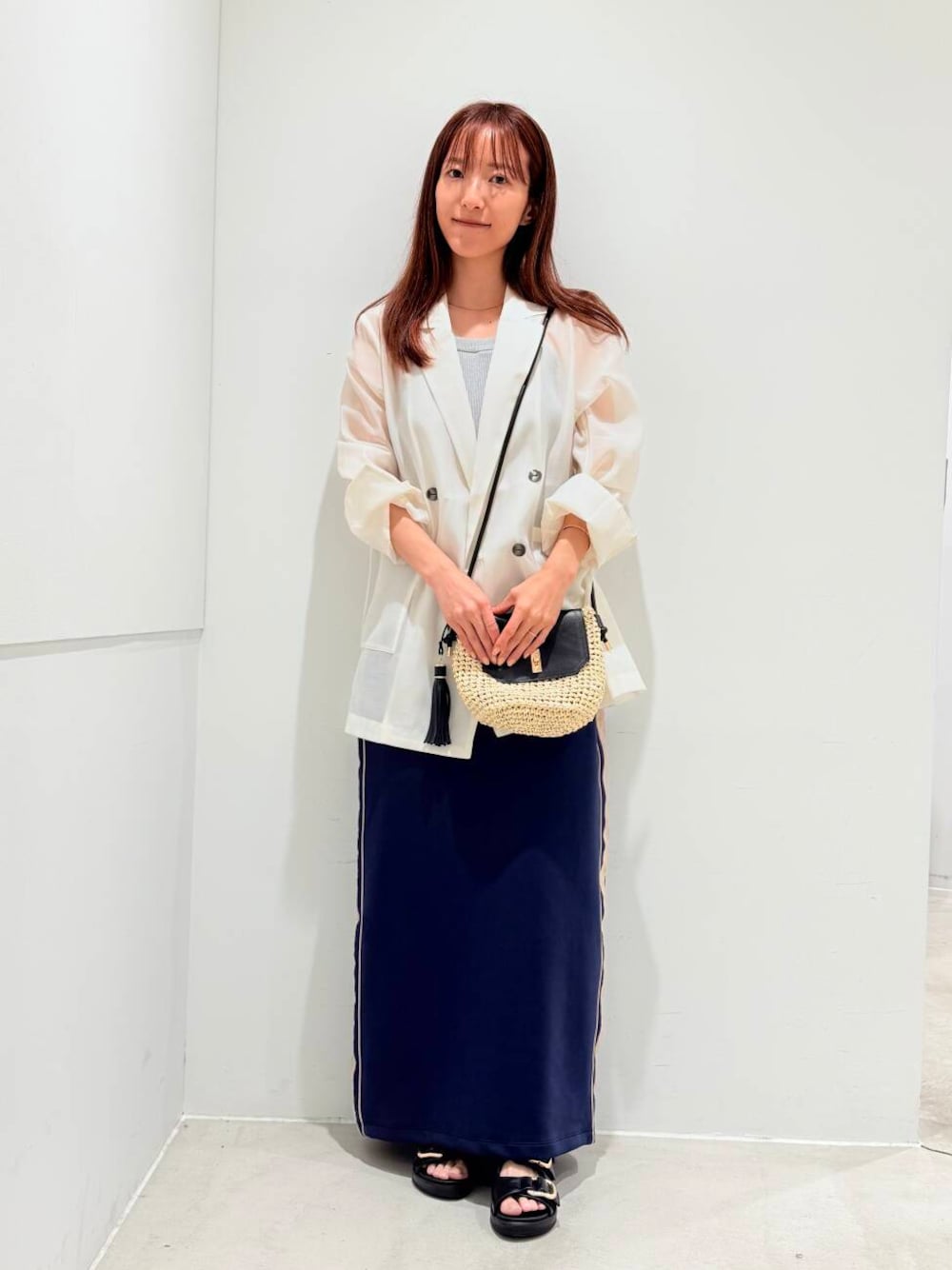 「サンダル、夏コーデ、休日スタイル、低身長コーデ、ゆったり、シースルー、senceofplace、イエベ、イエベ春、ゆったりスカート、初夏のお出掛けコーデ」｜「RODE SKOのペーパーコンビショルダーバッグ（ショルダーバッグ、ベージュ系）」を使った、mzkitty6637さん（レディース・155cm）の春コーディネートの1枚目の写真