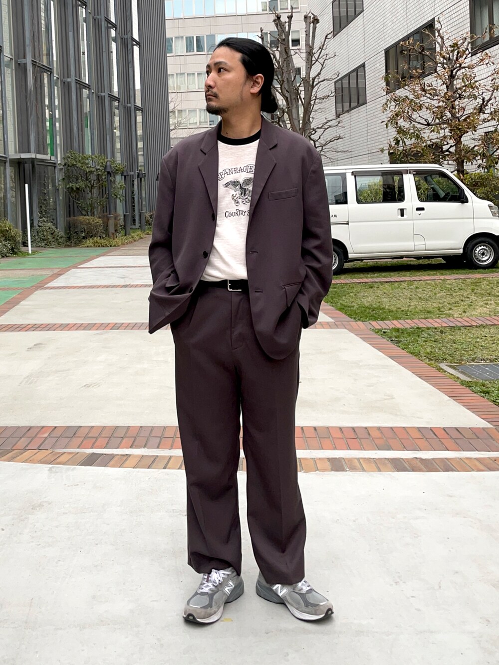 「大人カジュアル、カジュアルコーデ、大人コーデ、今日のコーデ、お洒落さんとつながりたい、リンガーTシャツ、セットアップ、タックイン」｜「WEGOのアイテム（テーラードジャケット、ブラウン系）」を使った、maru.さん（メンズ・175cm）の春コーディネートの1枚目の写真