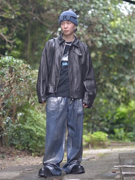「アイテム（ライダースジャケット）」を使った、熊谷一平さん（メンズ・165cm）の秋コーディネート