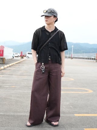 「SELLE GLANT(セレグランテ)のLACE SHEER REGULAR COLLAR SHIRT/レースシアーレギュラーカラーシャツ(シャツ/ブラウス)」を使った、熊谷一平さん(メンズ・165cm)の秋コーディネート