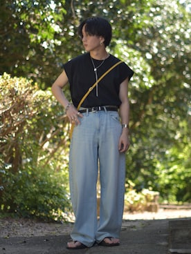 「muleboy（ミュールボーイ）のアイテム（シューズ）」を使った、熊谷一平さん（メンズ・165cm）の夏コーディネート